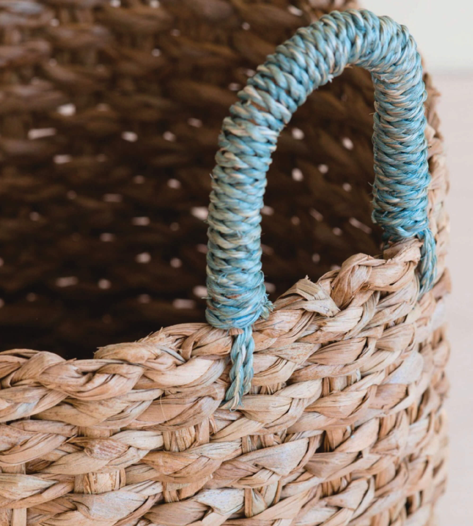 Seagrass Woven Baskets With Sky Blue Handle - Set Of 3