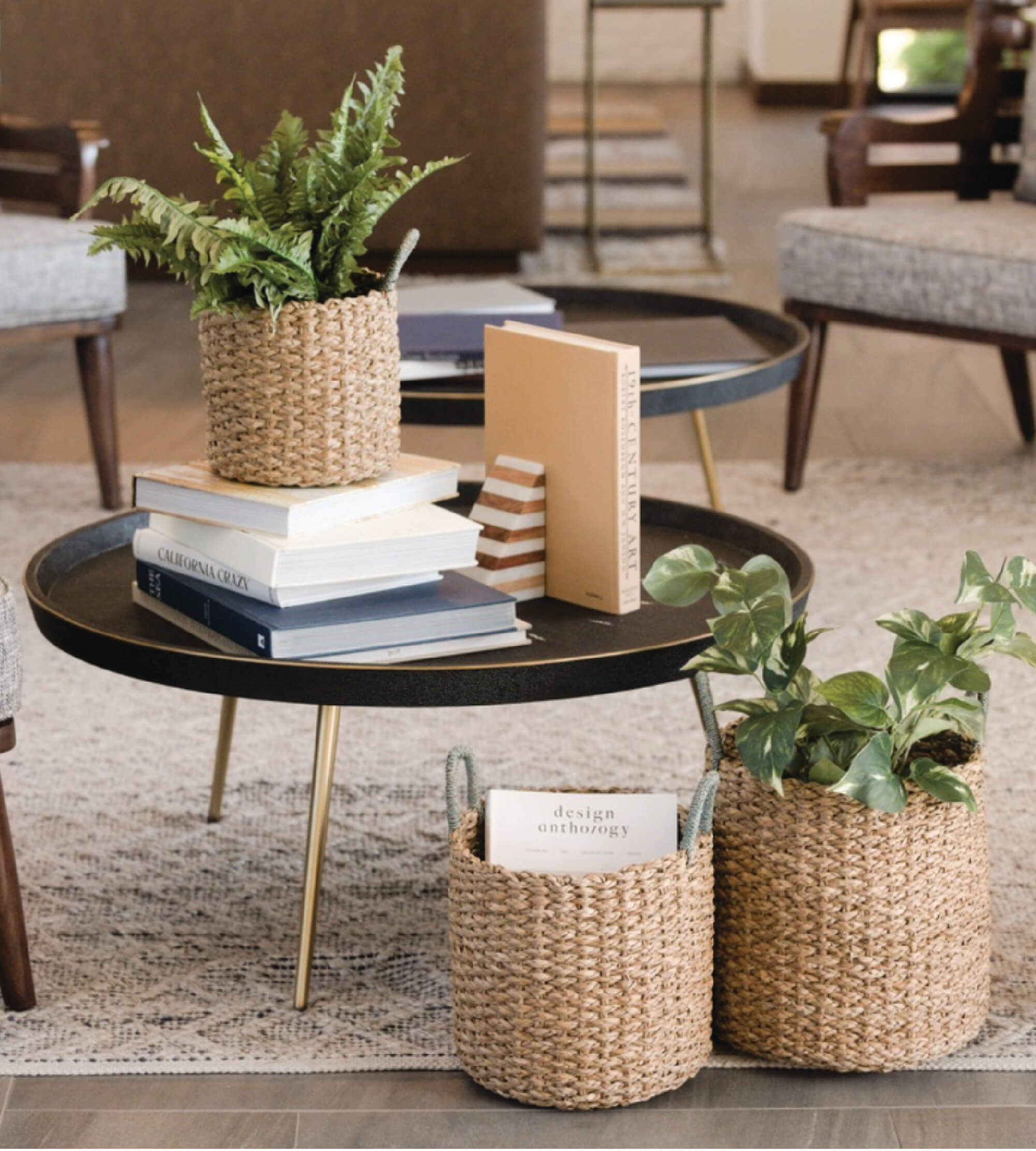 Seagrass Woven Baskets With Sky Blue Handle - Set Of 3