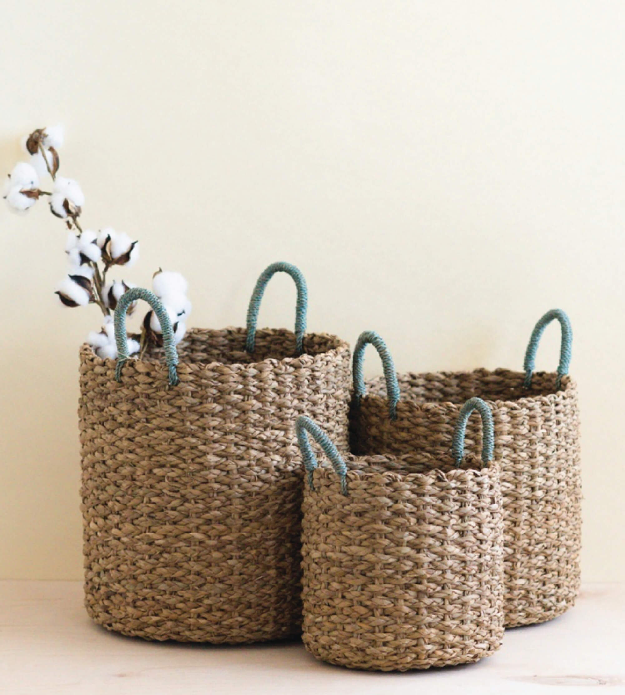 Seagrass Woven Baskets With Sky Blue Handle - Set Of 3