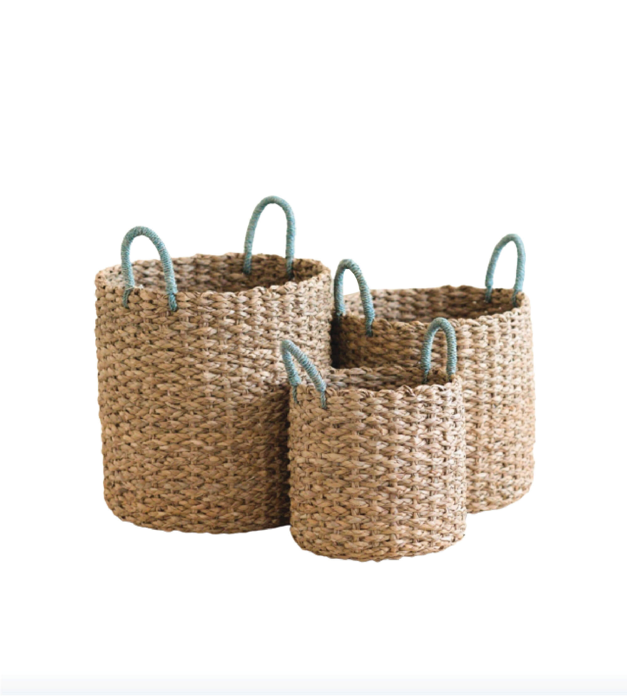 Seagrass Woven Baskets With Sky Blue Handle - Set Of 3