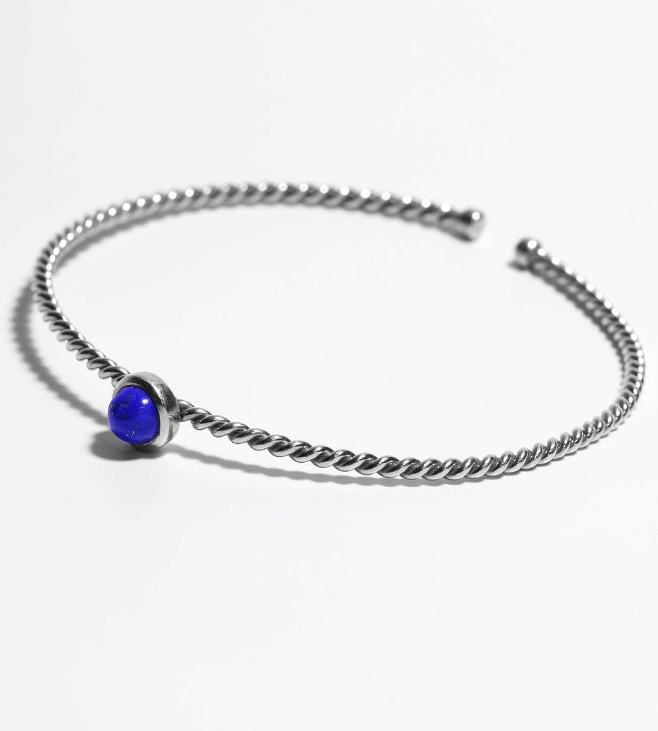 Single Silver Narrow Cable Bracelet with Lapis Lazuli Gemstone